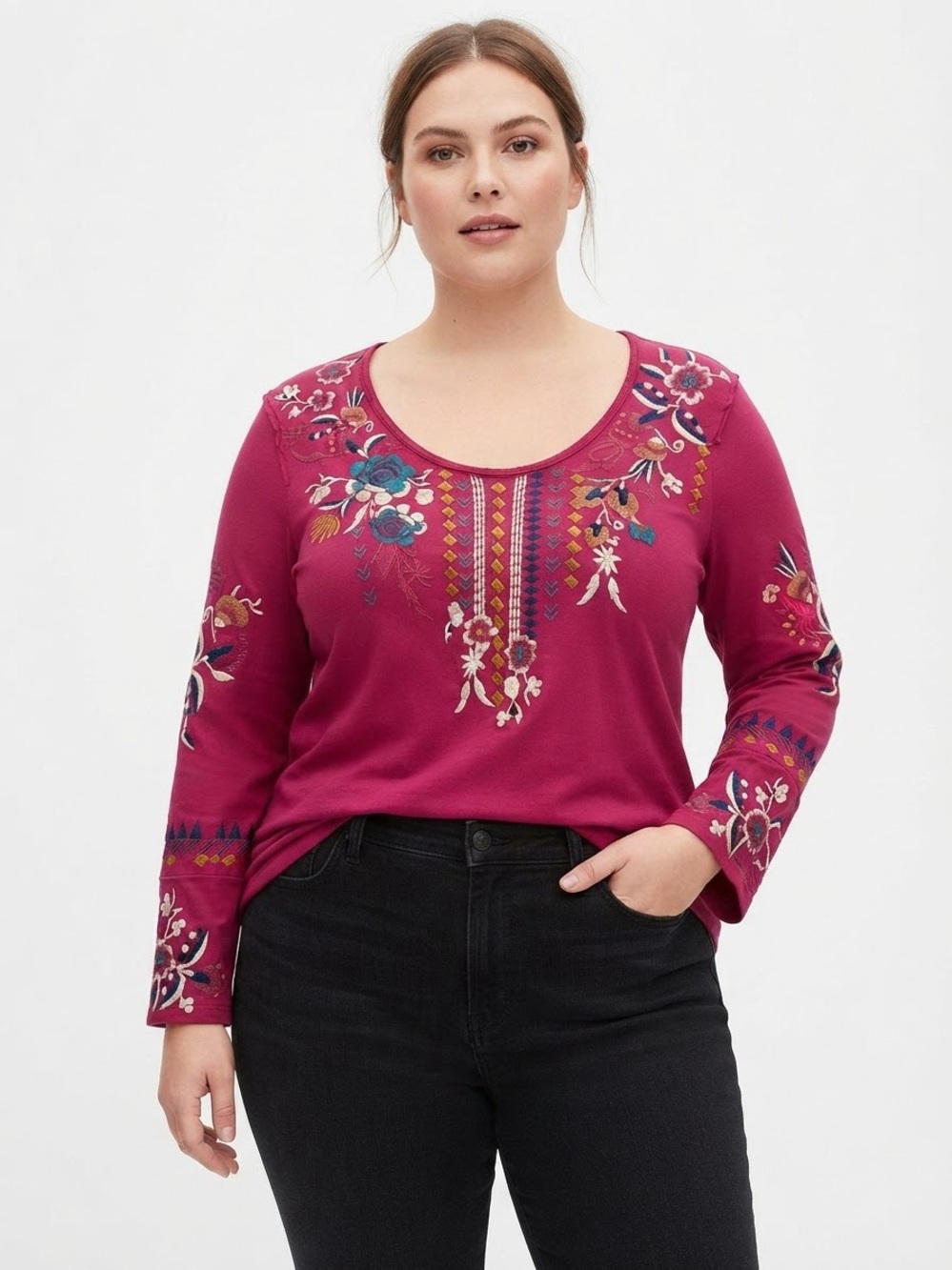 Johnny Was Magenta Embroidered Long Sleeve Boho Top – Size 1X